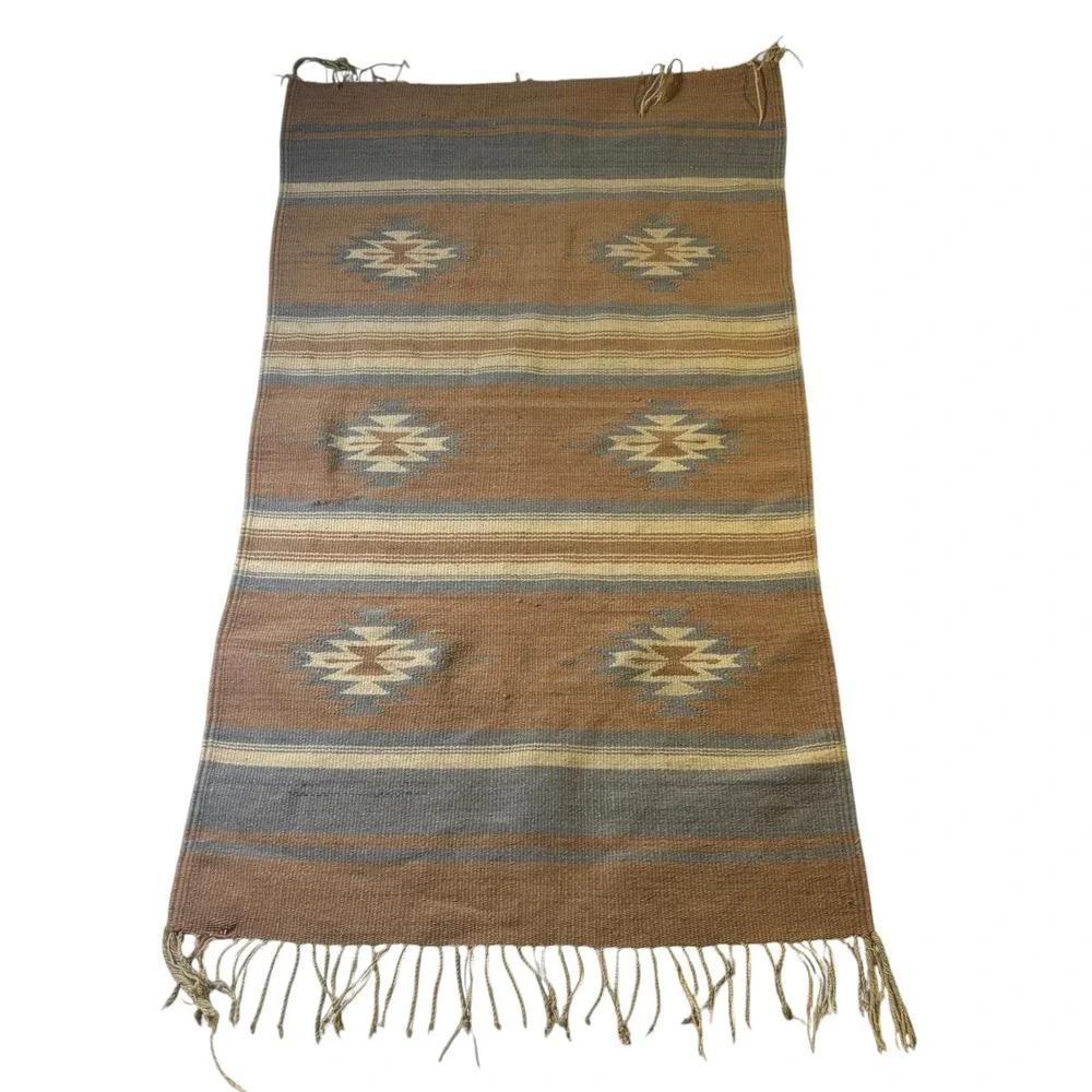 Southwestern Handwoven Wool Rug Tapestry Geometric Diamond Terracotta Blue 24x41